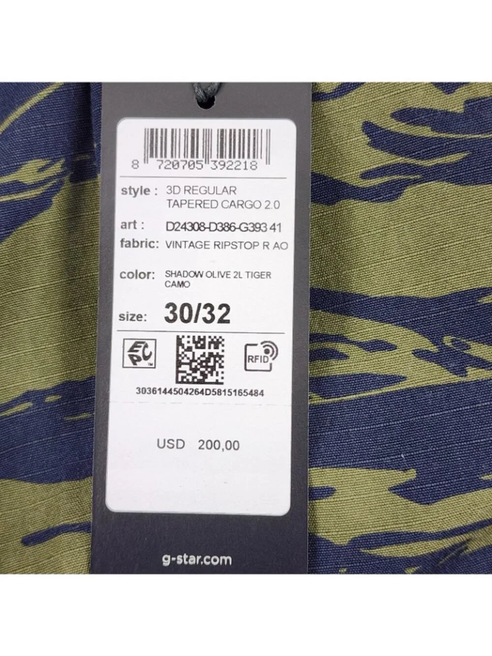 G Star RAW Pants Mens 30x32 Tiger Camo 3D Tapered Cargo 2.0 Vintage Ripstop NWT